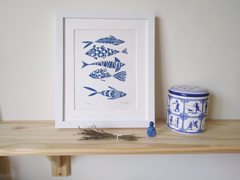 Fish Art Original Linocut,Printmaking Blue or Orange Fishes, Fisherman Gift , Ocean, Original Lino Print Signed Giuliana Lazzerini image 3