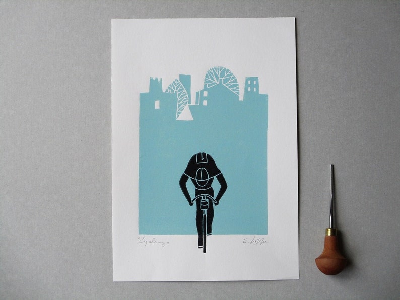 Cyclist Gift Tour de France Minimal Art Original Linocut Print Cycling Bike, Contemporary Bicycle Lover Gift Printmaking ,Signed image 1