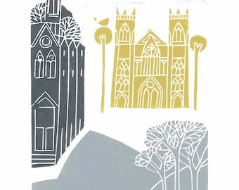 York  Golden Minster Contemporary Lino Print - England, Cathedral - Yorkshire Architecture UK Grey and Yellow Printmaking, Contemporary Art
