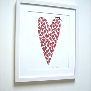 Red Heart Linocut Hand Made Love Birds,Original Print Art Decor, Valentines Day Romantic Gift, Wedding Anniversary Signed image 3