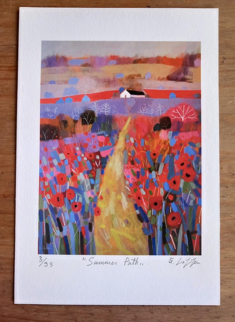 Poppies and White Cottage English Summer Landscape Giclee Limited Edition Print from an original acrylic painting Signed G. Lazzerini image 1