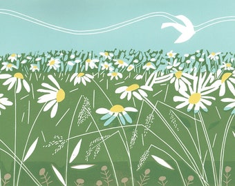 Flower Meadow Field - LARGE Lino Print - Linocut Limited Edition - Bird Flyng - Green  Meadow - Summer Landscape - Signed Giuliana Lazzerini