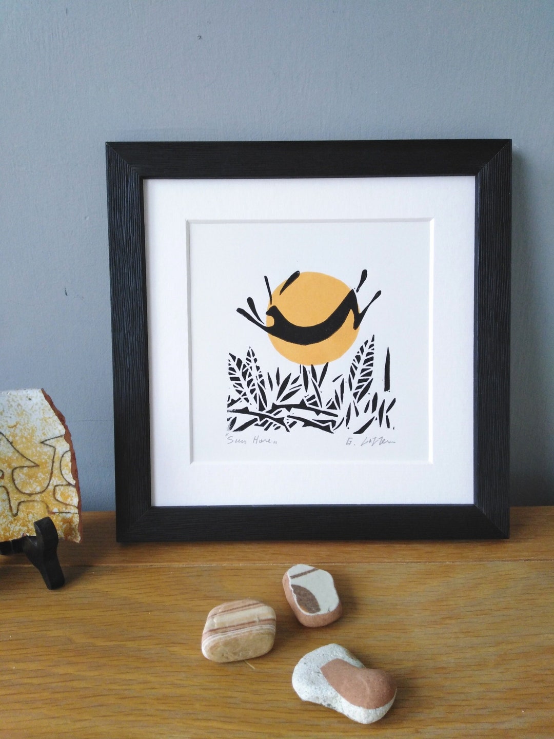 Sun Jumping Hare Linocut Spring Rabbit, Original Printmaking Art Hand ...