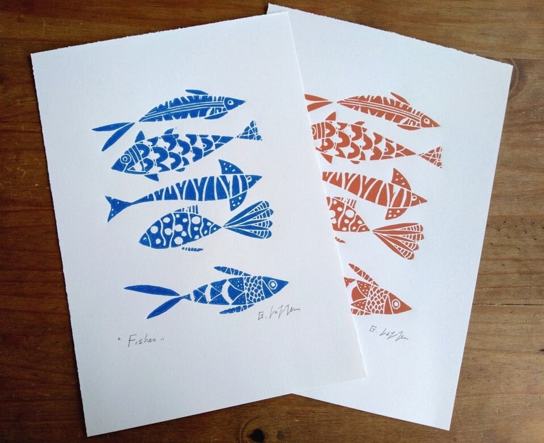 Fish Art Original Linocut,Printmaking Blue or Orange Fishes, Fisherman Gift , Ocean, Original Lino Print Signed Giuliana Lazzerini image 2
