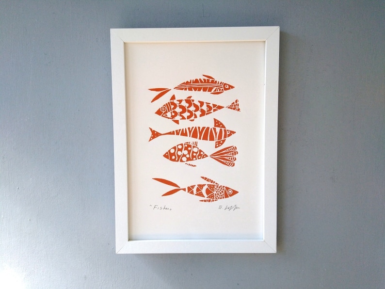 Fish Art Original Linocut,Printmaking Blue or Orange Fishes, Fisherman Gift , Ocean, Original Lino Print Signed Giuliana Lazzerini image 7