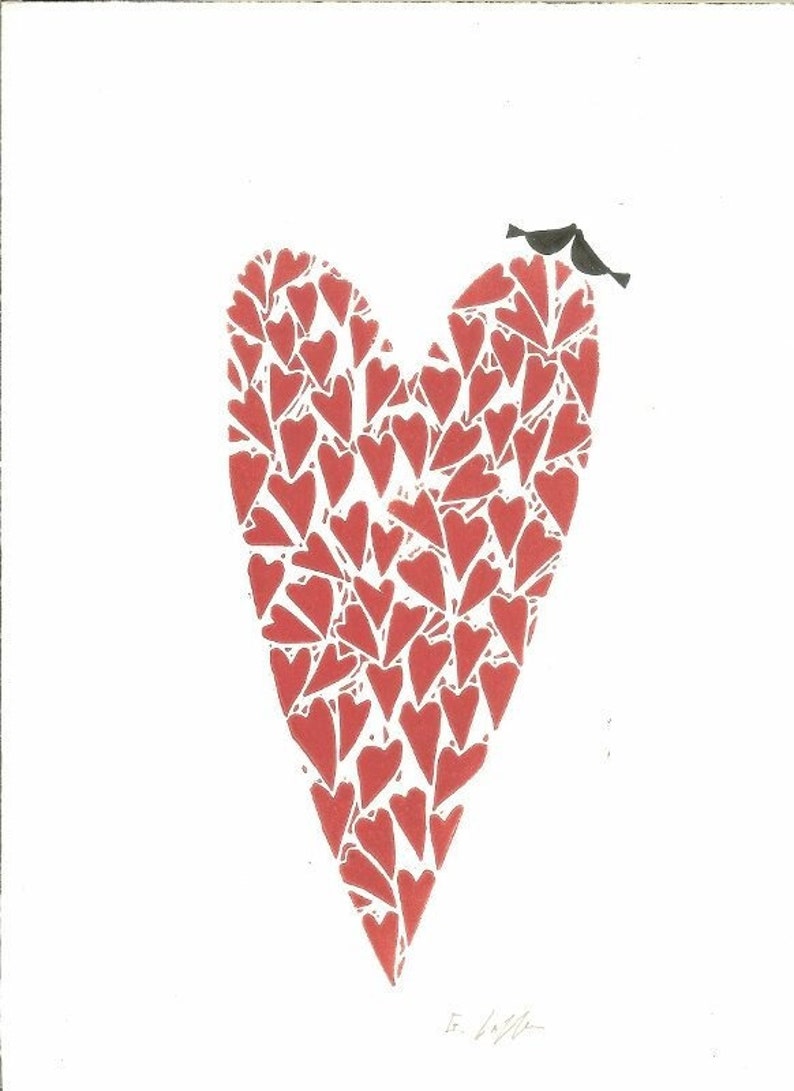 Red Heart Linocut Hand Made Love Birds,Original Print Art Decor, Valentines Day Romantic Gift, Wedding Anniversary Signed image 1