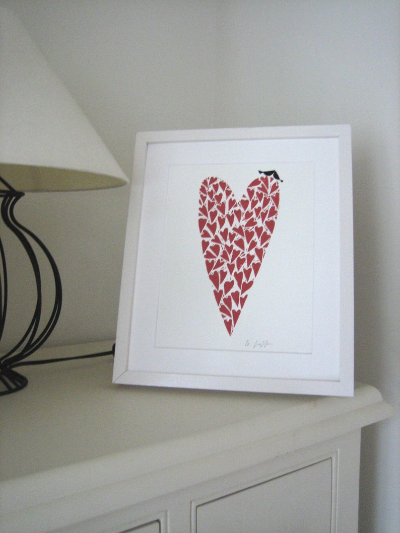 Red Heart Linocut Hand Made Love Birds,Original Print Art Decor, Valentines Day Romantic Gift, Wedding Anniversary Signed image 4