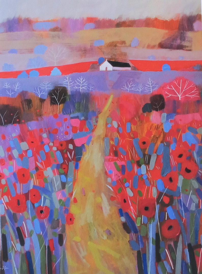 Poppies and White Cottage English Summer Landscape Giclee Limited Edition Print from an original acrylic painting Signed G. Lazzerini image 2