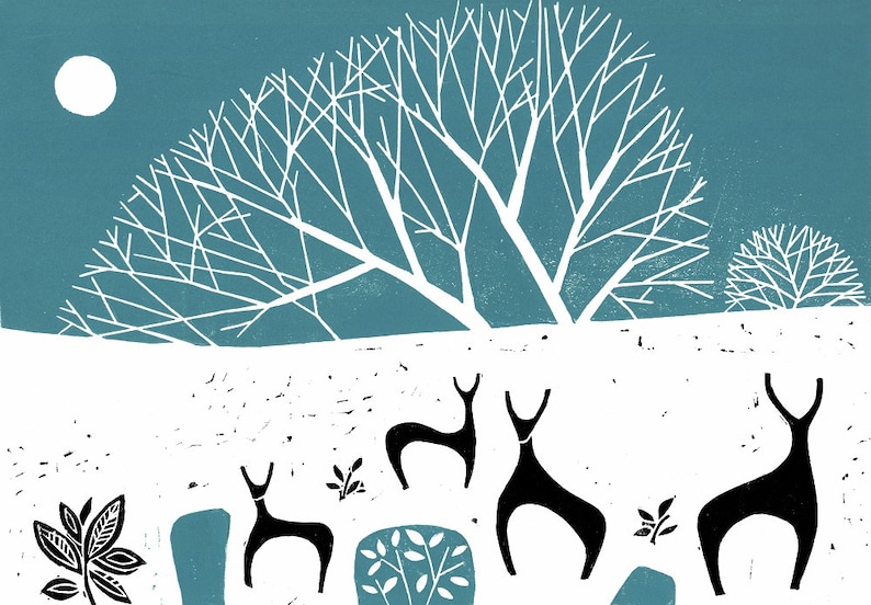 Printmaking Vintage Winter Decor Deers and Snow Original Print Deer Lino Print Large Linocut Limited Edition Hand Pulled