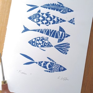 Fish Art Original Linocut,Printmaking Blue or Orange Fishes, Fisherman Gift , Ocean, Original Lino Print Signed Giuliana Lazzerini image 4