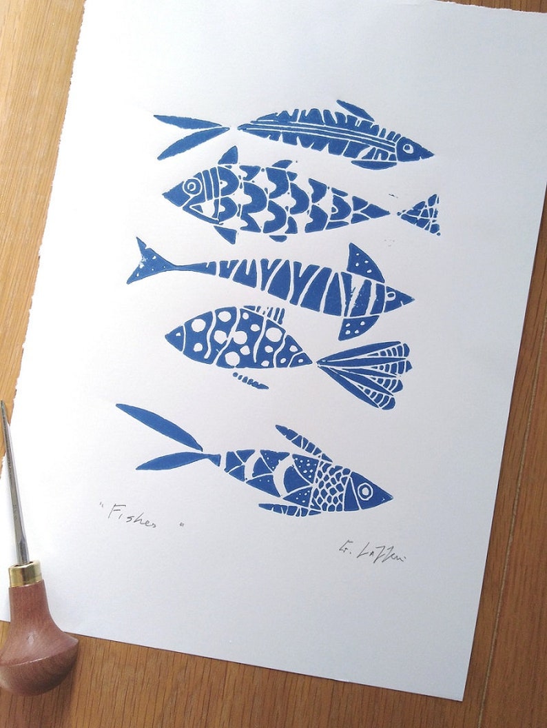 Fish Art Original Linocut,Printmaking Blue or Orange Fishes, Fisherman Gift , Ocean, Original Lino Print Signed Giuliana Lazzerini image 4