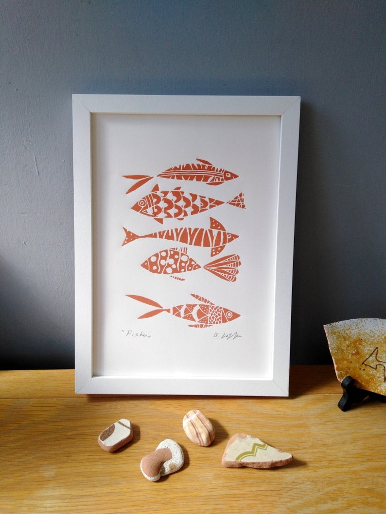 Fish Art Original Linocut,Printmaking Blue or Orange Fishes, Fisherman Gift , Ocean, Original Lino Print Signed Giuliana Lazzerini image 6