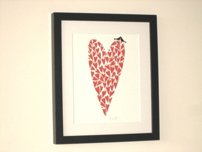 Red Heart Linocut Hand Made Love Birds,Original Print Art Decor, Valentines Day Romantic Gift, Wedding Anniversary Signed image 5