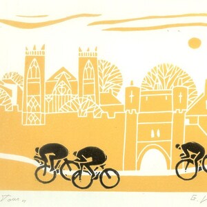 Tour de France Linocut Print , Cycling Art - Printmaking  Bicycle Print -  Original Yellow and Black Print  - Tour the Yorkshire,Bike Art