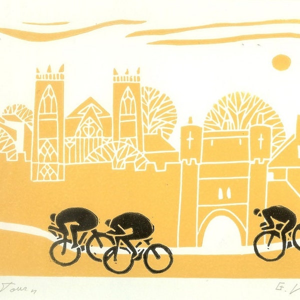 Tour de France Linocut Print , Cycling Art - Printmaking Bicycle Print - Original Yellow and Black Print - Tour the Yorkshire, Bike Art