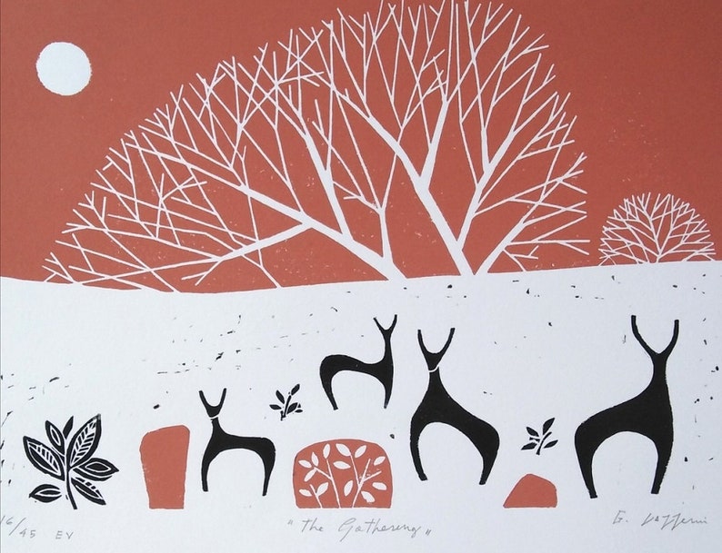 Printmaking Vintage Winter Decor Deers and Snow Original Print Deer Lino Print Large Linocut Limited Edition Hand Pulled