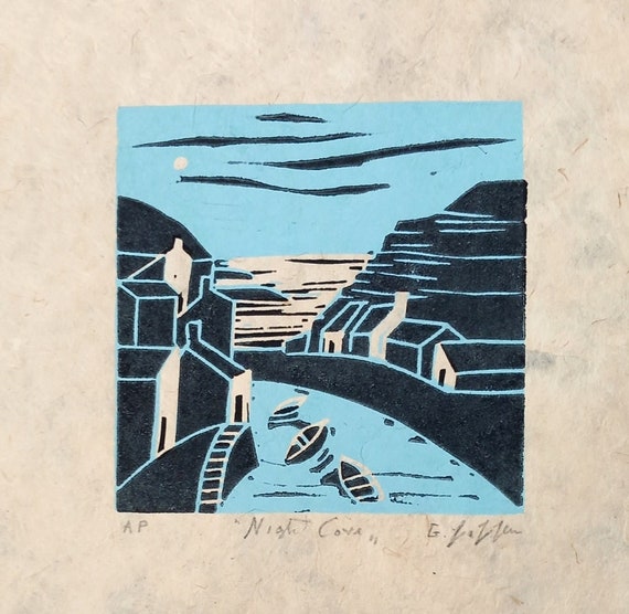 Coastal Village Linocut Lino Print,rare Artist Proof From a