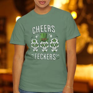 Cheers Feckers sugar skulls T-shirt | St. Patrick's Day shamrock design