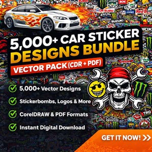 May include: An advertisement for a digital car sticker design bundle. The image shows a white car with flame decals, a skull with wrenches, and various sticker designs. Text includes "5,000+ Car Sticker Designs Bundle" and "Vector Pack (CDR + PDF)".