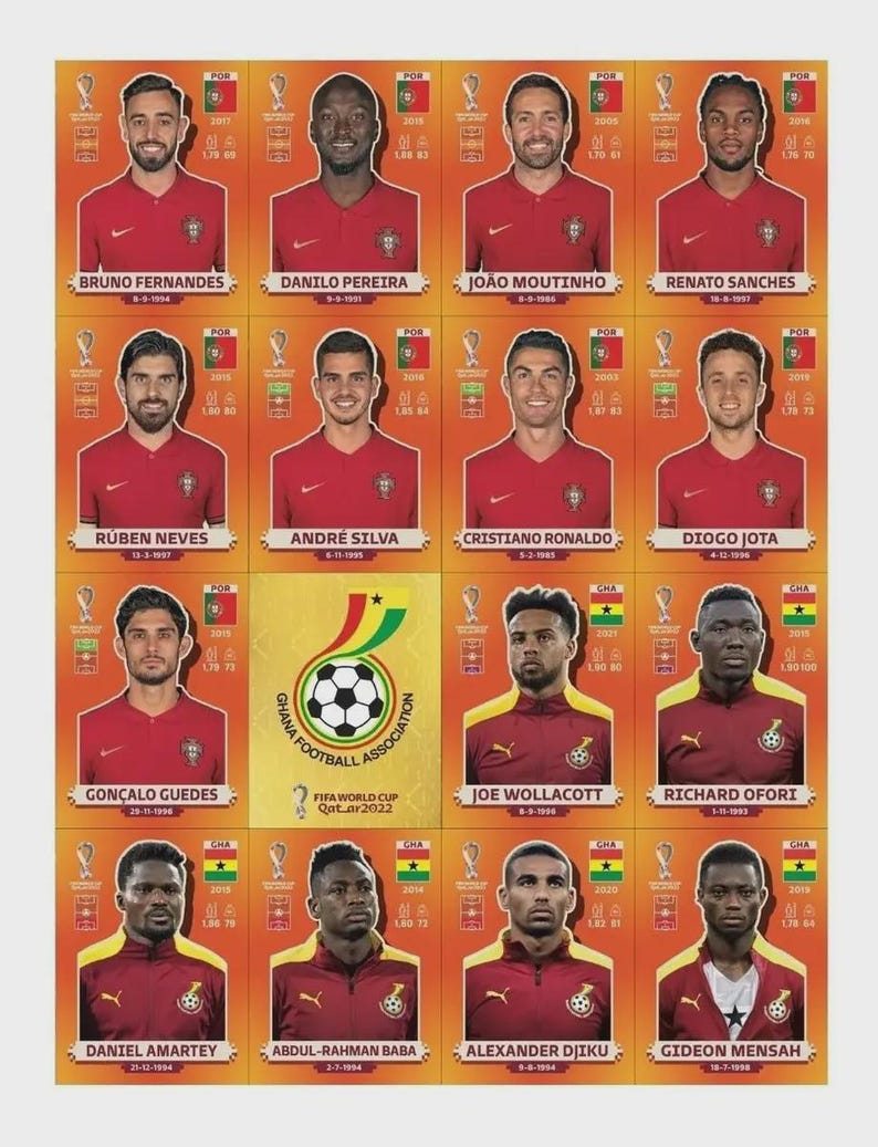 Op de afbeelding: Een verzameling voetbalplaatjes van spelers uit Portugal en Ghana. Elke kaart toont een foto, naam en statistieken van de speler. De kaarten zijn gerangschikt in een raster op een witte achtergrond.