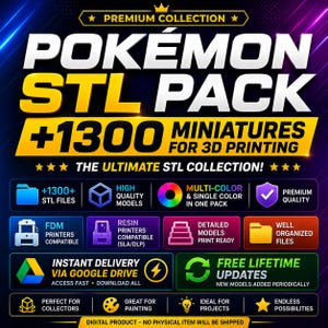 Pode incluir: Gráfico promocional para um pacote STL Pokémon. O design apresenta o texto "POKÉMON STL PACK" com "+1300 MINIATURAS" e vários ícones que indicam recursos como multicolor, alta qualidade e entrega instantânea via Google Drive.