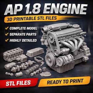 Puede incluir: Modelo 3D gris de un motor AP 1.8, con piezas separadas. La imagen incluye el texto "AP 1.8 ENGINE", "3D PRINTABLE STL FILES", "COMPLETE MODEL", "SEPARATE PARTS", "HIGHLY DETAILED", "STL FILES" y "READY TO PRINT".