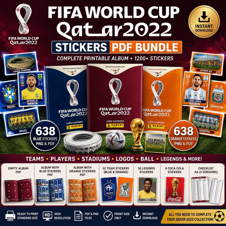 Op de afbeelding: Een promotieafbeelding voor een FIFA World Cup Qatar 2022 sticker PDF-bundel. De afbeelding toont stickeralbums, spelerskaarten, een trofee en de tekst "STICKERS PDF BUNDLE COMPLETE PRINTABLE ALBUM + 1200+ STICKERS".