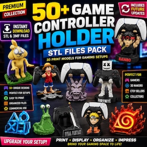 Pode incluir: Um anúncio de suportes para comandos de jogos impressos em 3D. A imagem mostra vários designs, incluindo suportes temáticos de personagens e formas abstratas. O texto inclui "50+ Game Controller Holder STL Files Pack" e "Upgrade Your Setup!"