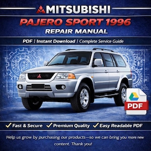 以下が含まれることがあります： シルバーの三菱パジェロスポーツ1996 SUVの画像です。画像には「修理マニュアル」と「PDF | インスタントダウンロード | 完全サービスガイド」と書かれています。PDFアイコンが右下にあります。「高速＆安全」、「プレミアム品質」、および「読みやすいPDF」というテキストも含まれています。