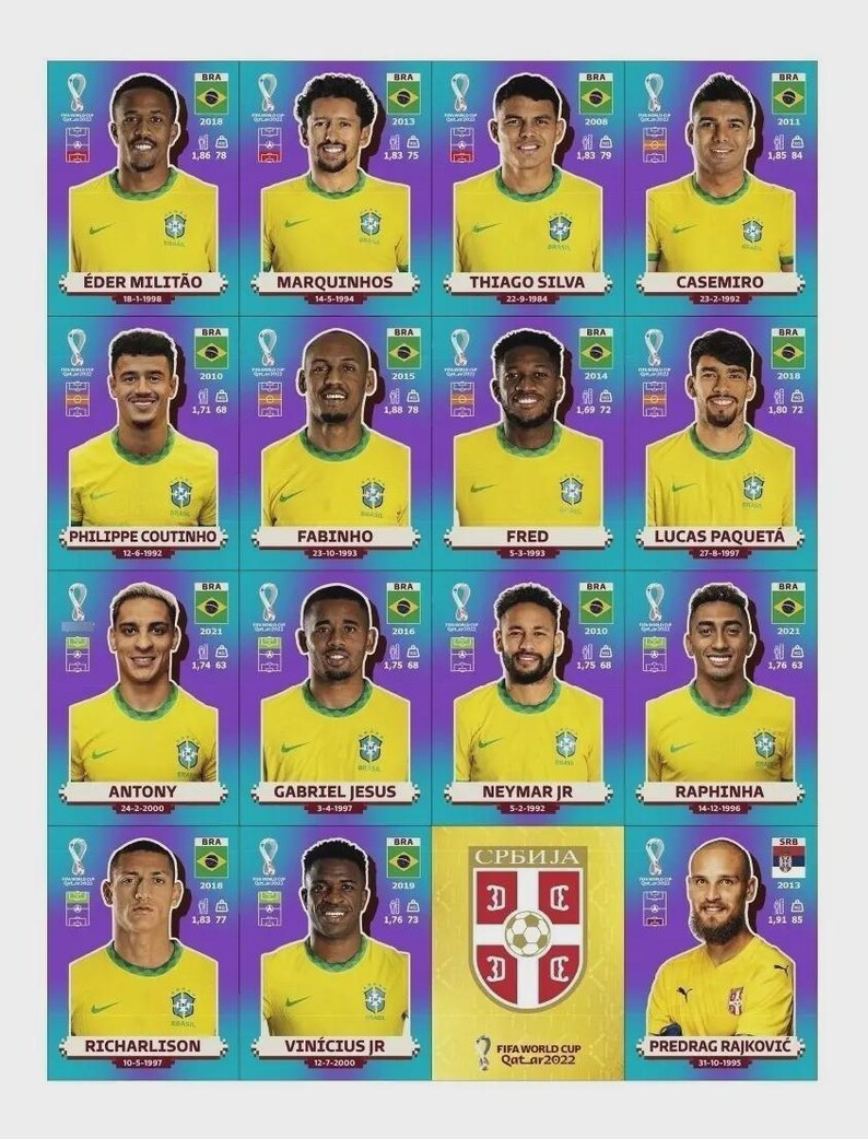 Op de afbeelding: Een vel met voetbalplaatjes, voornamelijk van Braziliaanse spelers in geel en groen. Elke kaart toont de naam, foto en statistieken van een speler. Servische spelers zijn ook vertegenwoordigd, met rode en witte kaarten.