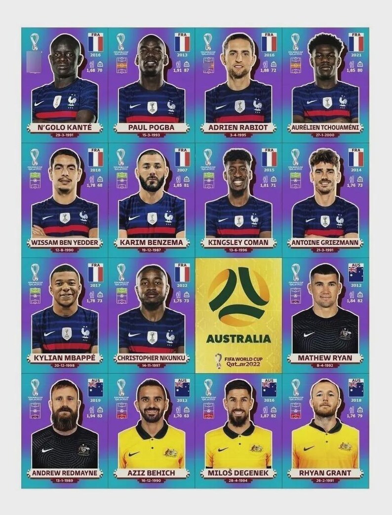 Op de afbeelding: Een verzameling voetbalplaatjes met spelers uit Frankrijk en Australi&euml;. De kaarten tonen spelersportretten, namen, geboortedata en lengtes in meters. De Australi&euml;-kaart bevat het logo van de FIFA World Cup Qatar 2022.