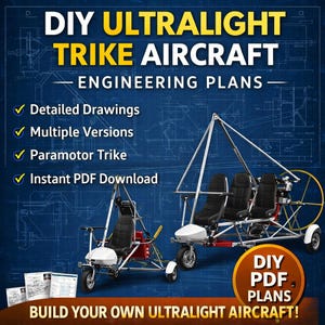 May include: Image of DIY Ultralight Trike Aircraft engineering plans. The image shows two ultralight trike aircraft with black seats and white and red frames. Text includes "Detailed Drawings", "Multiple Versions", "Paramotor Trike", and "Instant PDF Download".