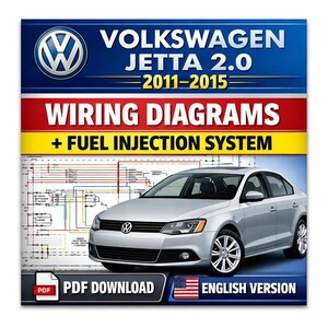 Puede incluir: Un coche Volkswagen Jetta 2.0 plateado con el texto "WIRING DIAGRAMS + FUEL INJECTION SYSTEM" y "PDF DOWNLOAD". La imagen también incluye el texto "ENGLISH VERSION".