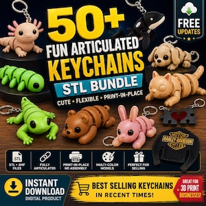 Pode incluir: Imagem promocional mostrando um pacote de mais de 50 chaveiros articulados e divertidos. Os chaveiros apresentam vários designs de animais, incluindo um axolotl, uma lagarta, um urso e um coelho. A imagem destaca a flexibilidade e o design imprimível.