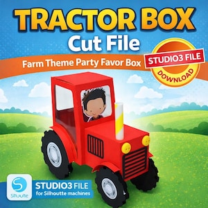 Op de afbeelding: Een rode tractorvormige gunstdoos met zwarte wielen en een cartoonchauffeur. De afbeelding bevat de tekst "TRACTOR BOX Cut File" en "Farm Theme Party Favor Box". Er wordt ook een Studio3-bestand download aangegeven.