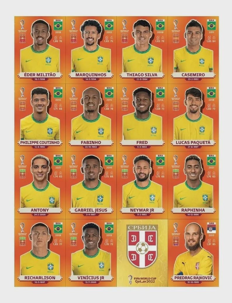 Op de afbeelding: Een vel met voetbalspelerstickers van het Braziliaanse nationale team. Elke sticker heeft een foto, naam en statistieken van een speler. De stickers zijn geel en groen, met de Braziliaanse vlag en het FIFA World Cup Qatar 2022 logo.