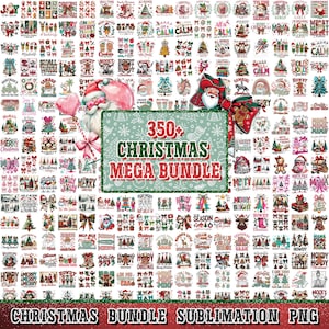 Puede incluir: Una colección de más de 350 diseños temáticos navideños, que incluyen a Papá Noel, árboles, lazos y texto festivo. Los diseños son de varios colores, incluyendo rojo, verde y blanco, perfectos para proyectos de sublimación. Se muestra el texto "350+ CHRISTMAS MEGA BUNDLE".