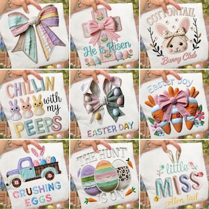 May include: Collection of white t-shirts with Easter-themed designs. Designs include a large bow, a cross with a pink bow, a bunny face, text that says "Chillin with my Peeps", a bow with Easter eggs, carrot-shaped designs, a truck with Easter eggs, decorated Easter eggs, and the text "Little Miss Cotton Tail".