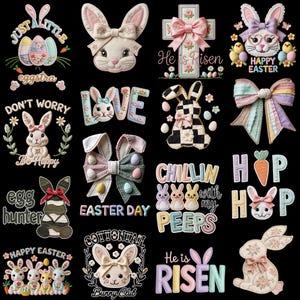 Puede incluir: Una colección de diseños con temática de Pascua con conejitos, huevos, lazos y detalles florales. Los diseños incluyen texto como "Felices Pascuas", "Día de Pascua" y "Él ha resucitado". La paleta de colores incluye pasteles y colores brillantes.