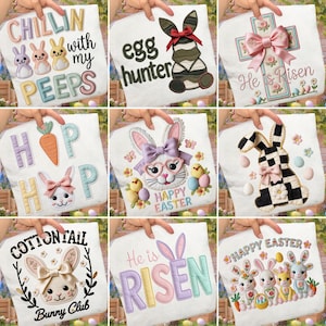 May include: White t-shirts with Easter-themed designs. Designs include bunnies, crosses, and text like "Chillin with my Peeps," "Egg Hunter," and "Happy Easter." The shirts feature colorful embroidery and applique details, perfect for the spring season.