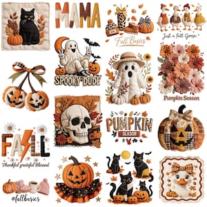Op de afbeelding: Een verzameling herfstthema patches en illustraties. Bevat een zwarte kat met een pompoen, een spook met pompoenen, een schedel, pompoenen, katten en tekst met de woorden "Mama", "Spooky Dude", "Fall Basics", "Just a fall Goose", "Pumpkin Season" en "Fall".