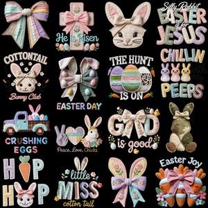 Puede incluir: Una colección de diseños con temática de Pascua sobre un fondo negro. Los diseños incluyen caras de conejos, lazos, cruces y frases como "Él ha resucitado" y "La Pascua es para Jesús". La paleta de colores presenta tonos pastel.