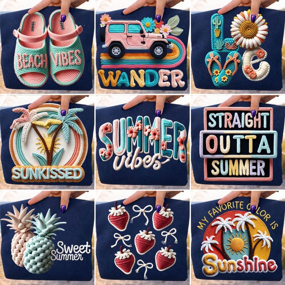 Summer Png Bundle Faux Yarn Straight Outta Summer Beach Summer Vibes Coquette Bow Floral Salty Boots Crochet Knit Sublimation Designs