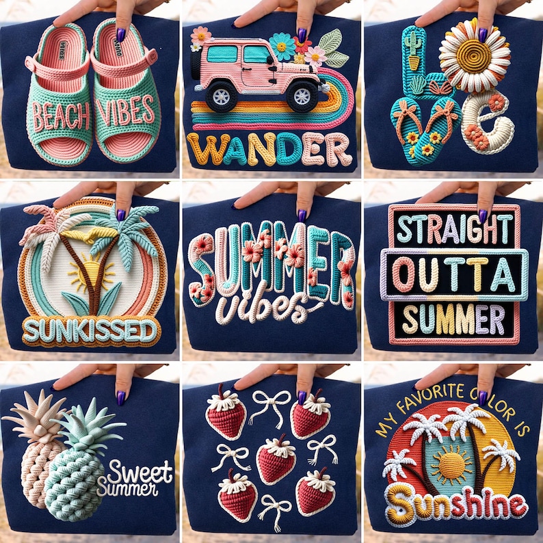 May include: A selection of navy blue tote bags featuring vibrant crochet designs. Designs include "Beach Vibes" sandals, a pink jeep, "Summer Vibes" text, a cactus, flip-flops, a sunflower, a palm tree, pineapples, strawberries, and "Sunshine" text.