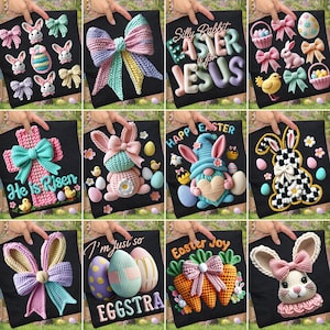 Op de afbeelding: Een verzameling zwarte stoffen vierkanten met kleurrijke, gestructureerde paasontwerpen. De ontwerpen omvatten konijntjes, strikken, eieren, kruisen, kabouters en tekst zoals "Easter Joy" en "He is Risen."