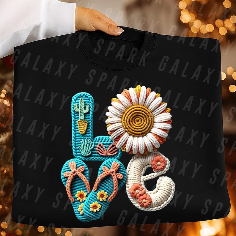 May include: Black sweatshirt featuring the word "LOVE" in a vibrant, crocheted design. The "L" is a blue cactus, the "O" is a daisy, the "V" is flip-flops, and the "E" is decorated with flowers. The background has a repeating pattern of "SPARK GALAXY".