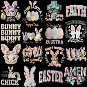 Puede incluir: Una colección de diseños con temática de Pascua sobre un fondo negro. Los diseños incluyen conejitos, huevos, cruces y frases como "Felices Pascuas", "Fe" y "Pascua". La paleta de colores presenta pasteles y acentos florales.