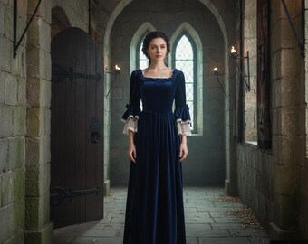 Navy Blue Velvet Medieval Dress, Renaissance Gown with Lace Bell Sleeves, Fantasy Cosplay Outfit, Gothic Victorian Costume, LARP Outfit
