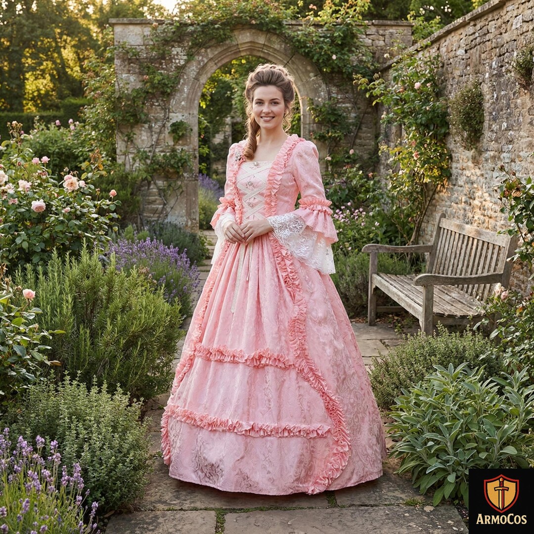 Historial Ruffle Trim Victorian Pink Ball Gown - Lace Trimmed Period Costume for Women ...