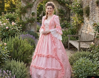 Victorian Pink Ball Gown - Lace Trimmed Period Costume for Women - Elegant Historical Ruffle Dress for Reenactment, Theater and Cosplay
